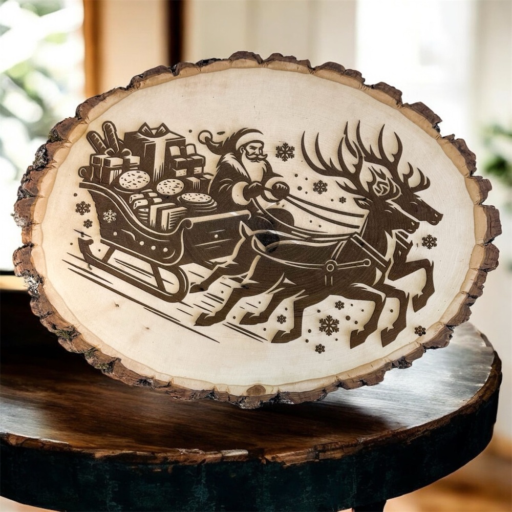 Rustic Wood Slice Wall Art – Santa Sleigh Christmas Engraving